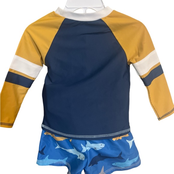 12-18 Mo Mud Pie Boys UPF 50+ Shark Blue Gold Swim Trunks + Raglan Rashguard - Picture 2 of 4